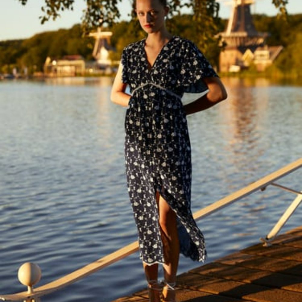 Zara Embroidered Midi Dress  Navy Size S